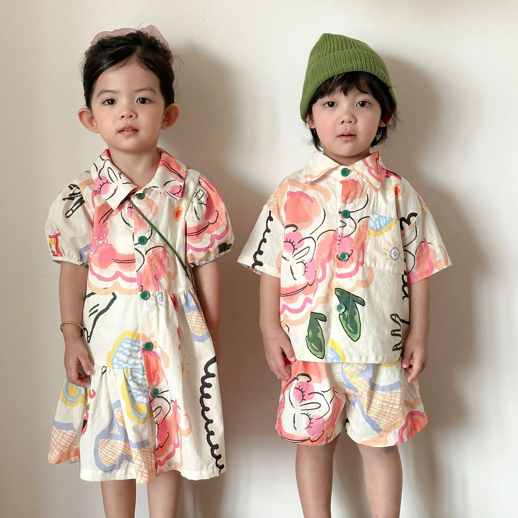 Brother And Sister Clothes 2026 Summer New Baby Boy's Shirt Suit Beach Holiday Clothes Or Girl peter pan collar Dress