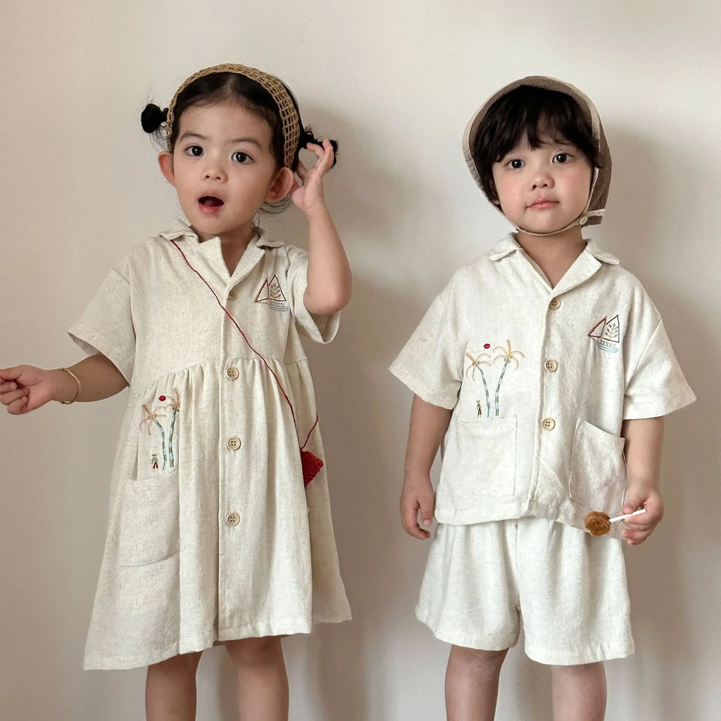 2026 Summer New Children Short Sleeve Clothes Set Boys Linen Shirts + Shorts 2pcs Suit Girls Dress Brother Sister Outfits
