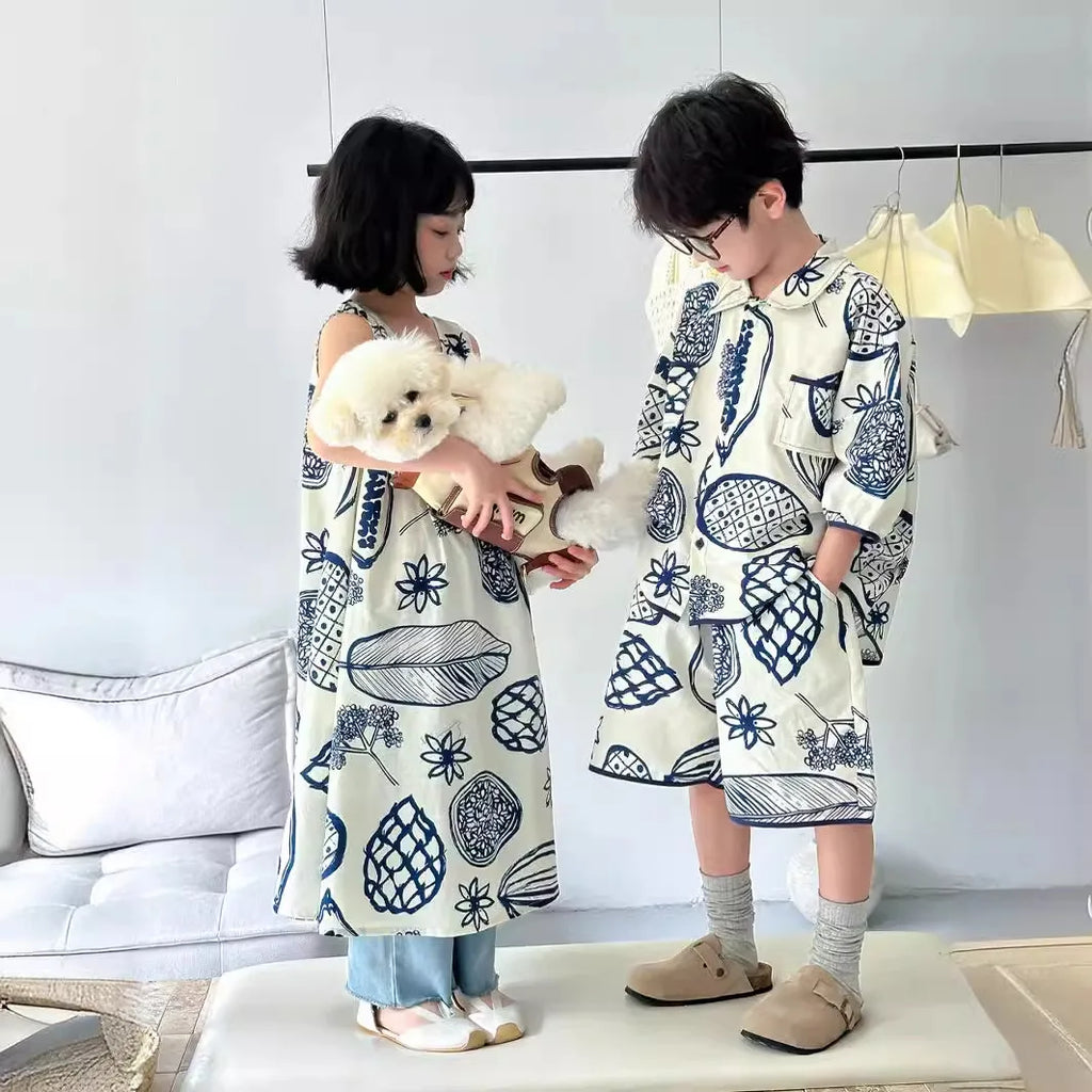 2026 Summer Sibling Look Clothes Set Cotton Tur Down Collar T-shirt+shorts Kid Boy Suit Loose Irregular Pattern Print Slip Dress